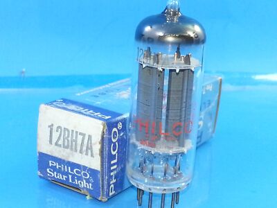 PHILCO 12BH7 A  TUBE LONG PLATE DD GTR TEST PERFECT NOS NIB ORIGINAL BOX