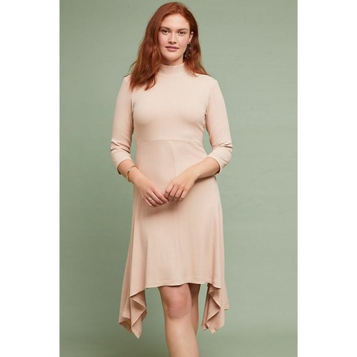 Anthropologie Ribbed Knit Midi Dress Light Pink Asymmetrical Mock New Medium - Picture 2 of 12