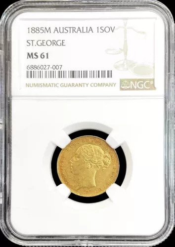 1885 M GOLD AUSTRALIA SOVEREIGN ST. GEORGE YOUNG HEAD COIN NGC MINT STATE 61