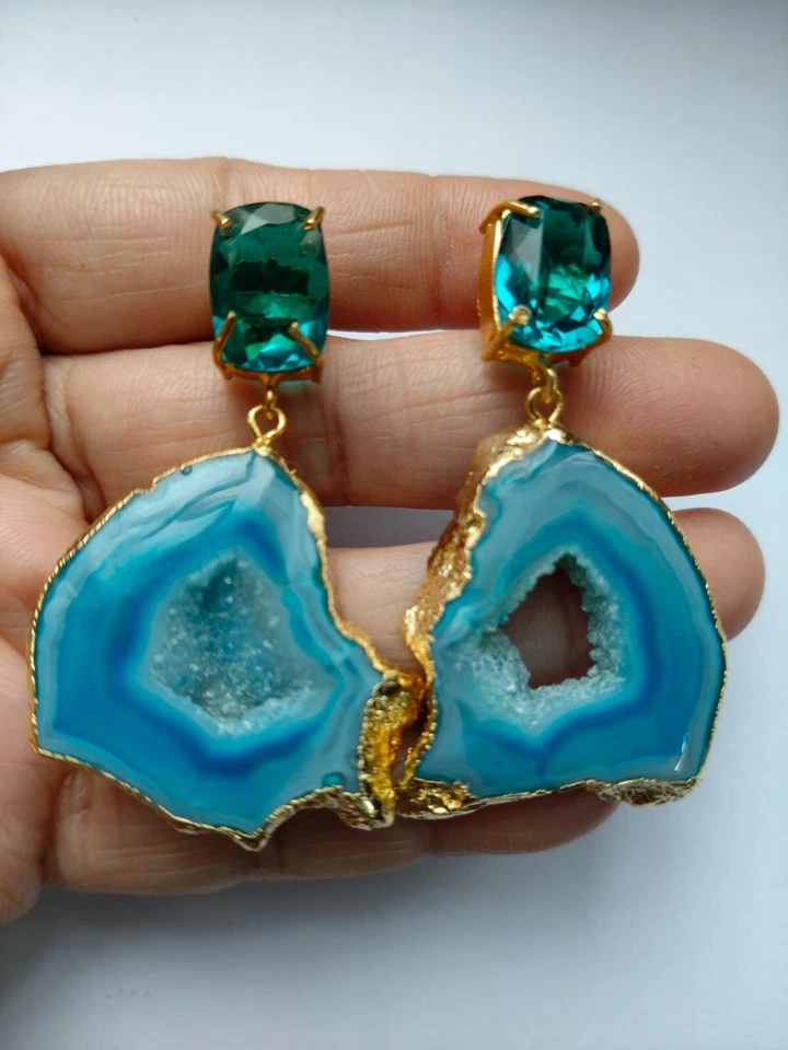 Druzy Slice Earring, Hydro Blue Quartz Earring, Geode Fashion Jewelry, Gold Edge - Image 4 of 4