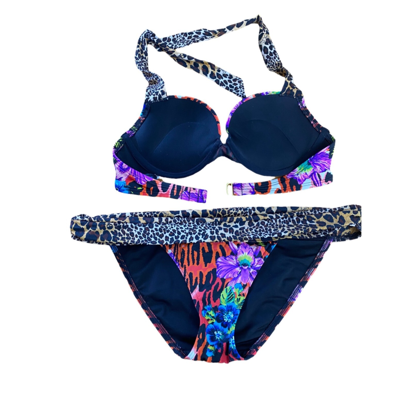 Victoria's Secret Floral Leopard Skull Bombshell Bikini Set 34B M Rare Add 2 cup image 10