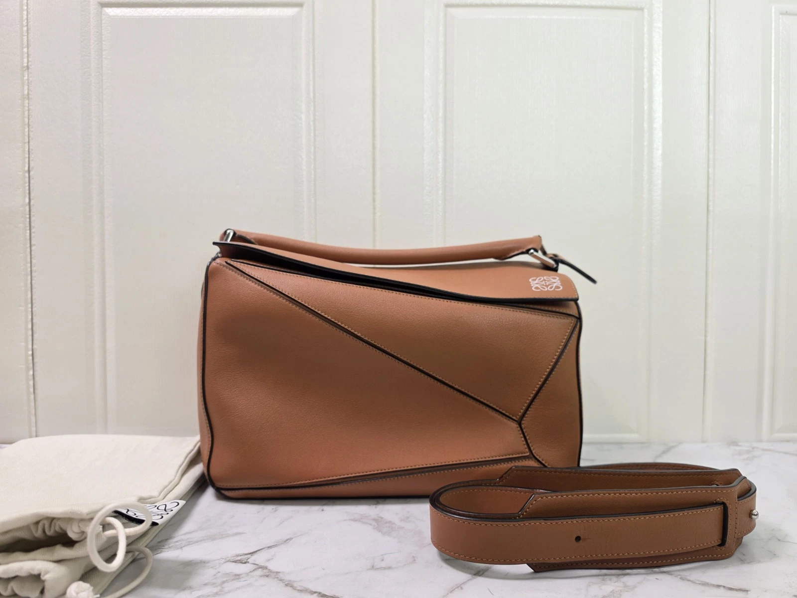 Loewe — Authentic Loewe Puzzle Medium Tan Calfskin Leather Bag Silver Hardware