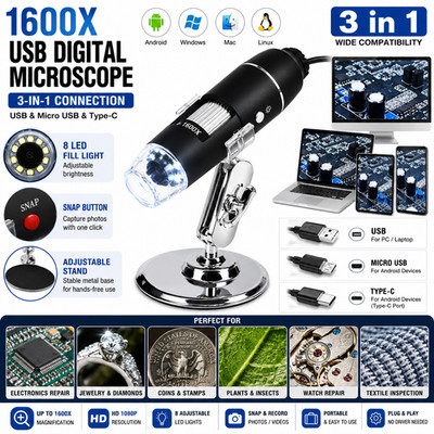 1600x Zoom 8 LED HD USB Microscope Digital Magnifier Endoscope Video Camera US