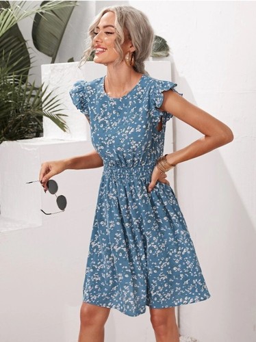 Ruffle Trim Shirred Waist Ditsy Floral Dress BNWT Size 10 - Picture 3 of 4