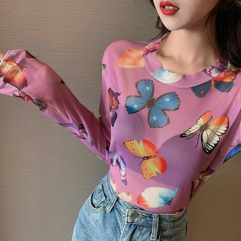 Glänzender Pullover Damen - Langärmelige Netz-Bluse Mit Batik Design