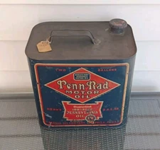 1935 PENN-RAD OIL CAN 100% Pure Pennsylvania 2 Gal. RADBILL CO. W/RARE LOGO CAP