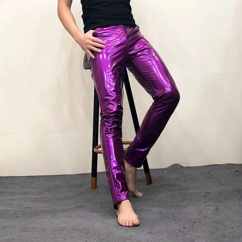 Men Soft Faux Leather Pants Metallic Wet Look Fitted Trousers Party Clubwear