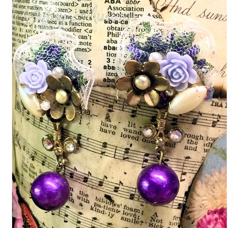 OOAK Victorian Purple Floral Lace Pearl Rhinestone Assemblage Pierced Earrings - Picture 4 of 12