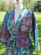 Patchwork handmade kantha jacket Japanese kimono style Floral kantha robe winter