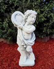 Steinfigur Statue Putte "mit Tamburin" 70 cm Skulptur Steinguss Gartenfigur