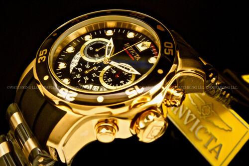 New Invicta Scuba Pro Diver 48MM Chrono 18K Gold Plated Blak DialS.S Poly Watch - Afbeelding 1 van 9