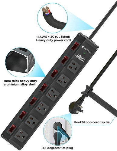 6 outlets Heavy Duty Power Strip,1200J Surge Protector 6 ft, Individual Switches - Picture 23 of 24