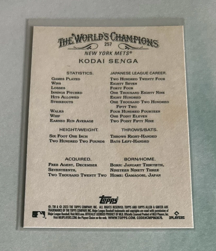 Kodai Senga 2023 Topps Allen & Ginter X #257 New York Mets Rookie RC - Image 3 of 4