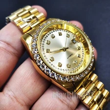 Iced Gold Tone Full Stainless Steel Luxury Elegant Automatic Date Bling Watch