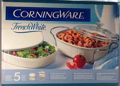 Vintage CorningWare French White 5 Pc Casserole Set 2.5/1.5 qt Cover Lid Cradle