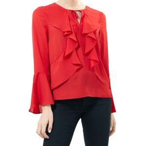 red ruffle front blouse