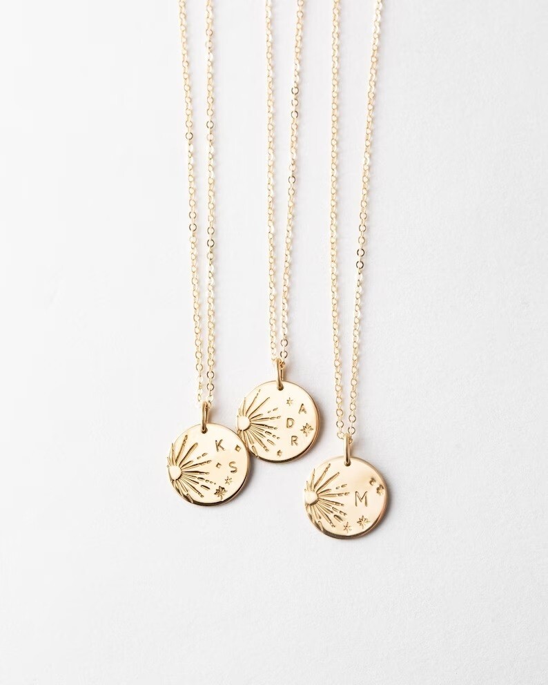 10K Yellow Gold Personalized Celestial Sun & Star Custom Name Engraved Necklace