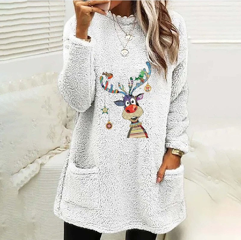 Ladies Christmas Reindeer Fleece Xmas Jumper Pullover Sweatshirts Tops PLUS SIZE - Image 4 of 4
