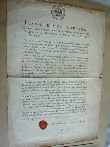 OLD REGIME 1782 LETTER SIGNED STAMP CONSUL OF PRUSSIA IN BRITTANY & NANTES
