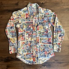 Vtg Big Smith Pearl Snap Sz Small Abstract Patriotic Print Sanforized Union Made