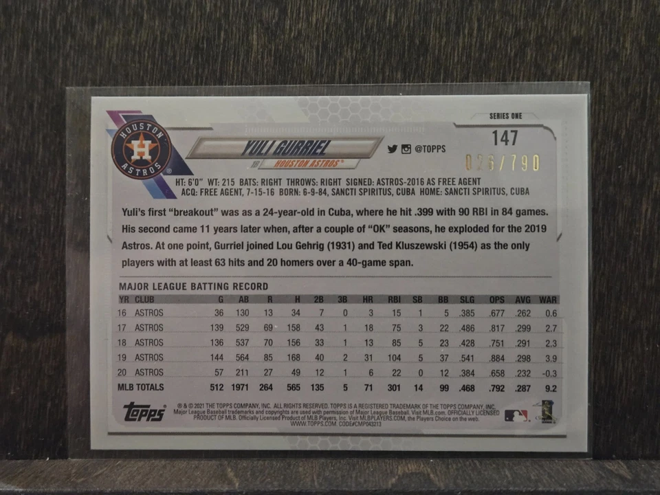 #147 - Yuli Gurriel - Houston Astros - 2021 Topps - Wal-Mart Foilboard - #D /790 - Image 2 of 2