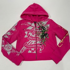 NWOT Ed Hardy Sz L Tiger Crown Cropped Hoodie Women Y2K Pink Full Zip Sweatshirt