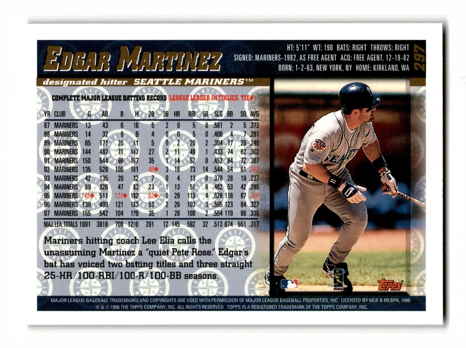 Edgar Martinez 1998 Topps #297 HOF Seattle Mariners Mint - Image 2 of 2