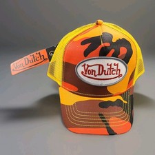 Von Dutch Camo Trucker Hat features a Vibrant Orange/Yellow Camouflage Snapback