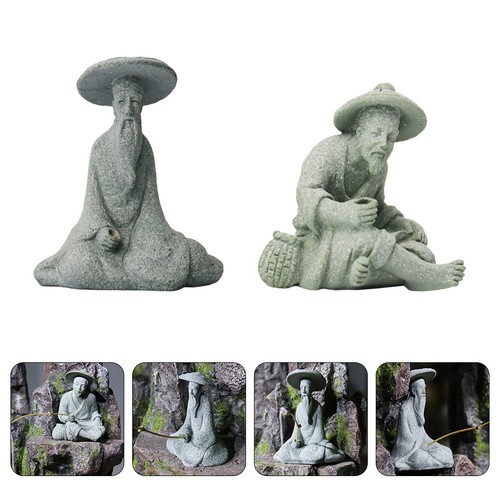 2Pcs Stylish Grey Sandstone Fishing Elder Craft Miniature for Table ...