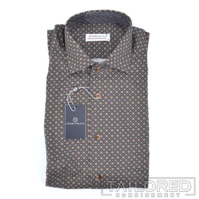NWT - MARCELLO Brown Geometric 100% Cotton Luxury Casual Dress Shirt - MEDIUM