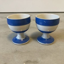 Pair of Cornish Kitchen Ware Footed Egg Cups TG Green Blue White Stripe Vintage