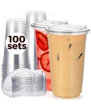 100 Pack 32 oz Clear Plastic Cups with Strawless-Sip-Lids, Disposable Cups Pl...