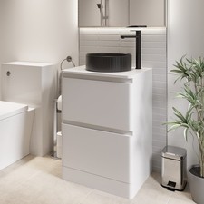 600mm Bathroom Countertop Vanity Unit Round Fluted Basin Freestanding White Glos