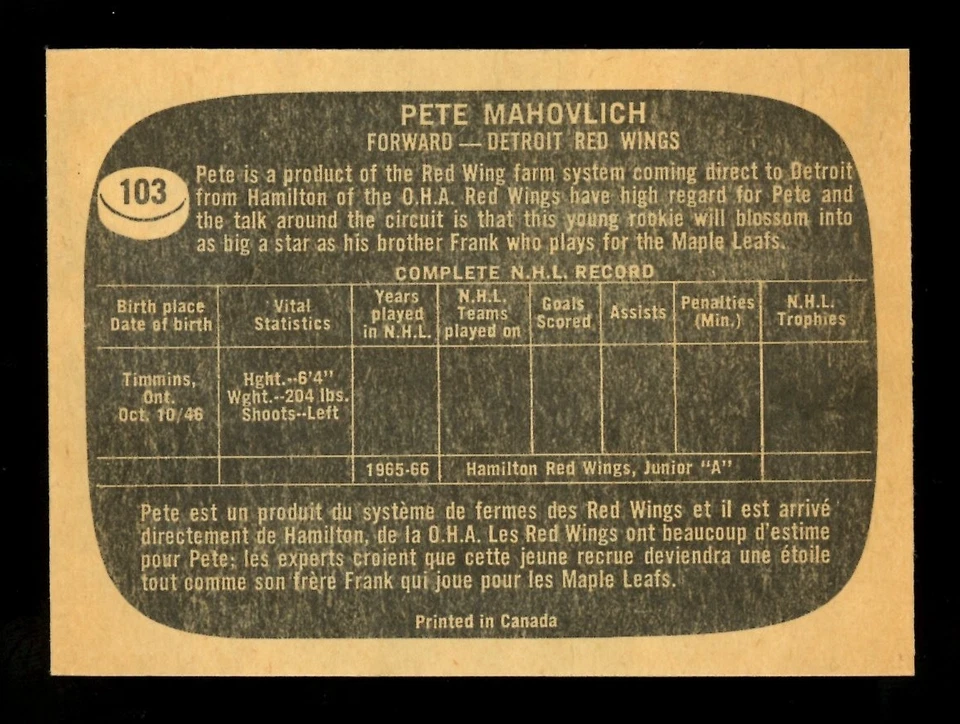 1966-67 TOPPS HOCKEY #103 Peter Mahavolich Rookie HOF EX+ Detroit Red wings RC - Image 2 of 2