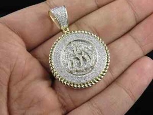 Authentic 3Ct Round Cut Lab Created Diamond Islamic Allah Pendant 14K Yellow Gold Plated