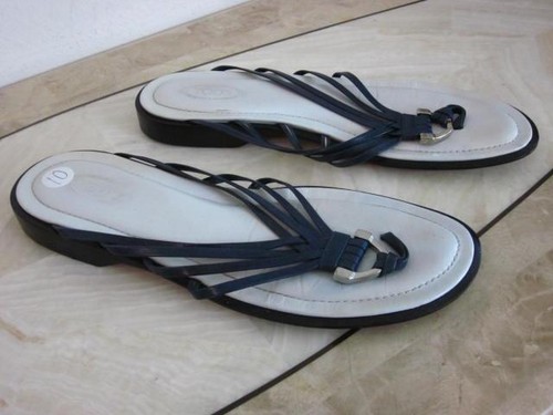 TODS flache Sandalen dunkelblau (fast schwarz) & weiße Riemchen Größe 10 Maße UVP 395 $