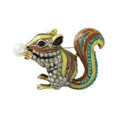 Rhinestone and Enamel SQUIRREL w/ Imitation Pearl Brooch Pin 1-1/4" x 1-3/4"