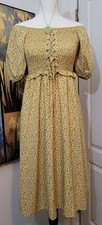 *NWT*Women's Floral MustardMaxi Dress Short Puff Sleeves Stretchable SzSmall 
