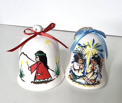 Native American Indian Bell Ornaments Plaster Hand painted Screen Print Lot 2