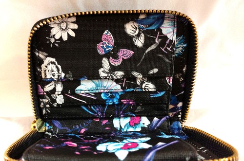 Wallet Womens Clutch Zip Up Wristlet Floral Black Butterfly 4 Inch Purple Blue - Picture 6 of 6