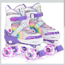 SULIFEEL Large Purple Adjustable Light-Up Rainbow Unicorn Roller Skates Kids