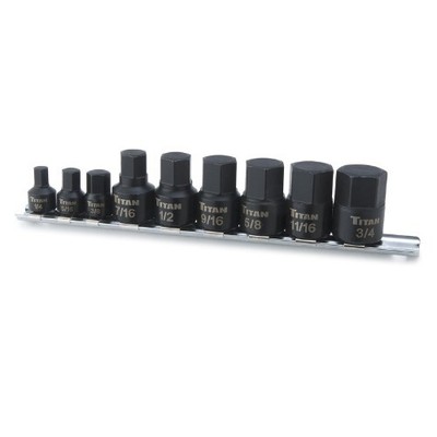 Titan 16140 9-Piece SAE Stubby Hex Bit Socket Set, Impact Grade
