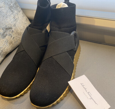 Salvator Ferragamo Women's Sock Sneaker Logo shoes Black/Gold Size