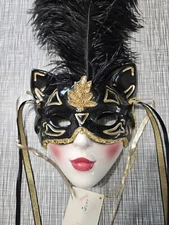 Vtg Clay Art SF Face Mask Wall Hanging Cat Carnival Black Feathers W Tag Rare
