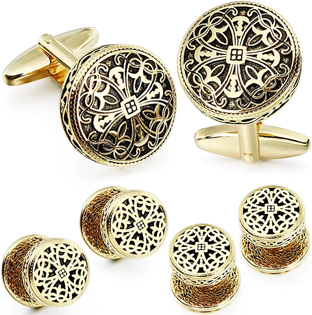 Retro Pattern Cufflinks And Tuxedo Shirt Studs Set For Men Wedding