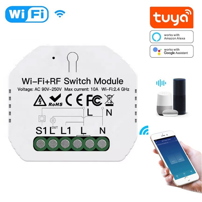 Tuya Mini Interruttore Luci ad 1 Canale 10A Smart WiFi ed RF433 con Telecomando