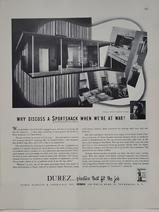 1942 Durez Plastics Fortune WW2 Print Ad Q2 Sportshack Weldtex Plywood Homefront