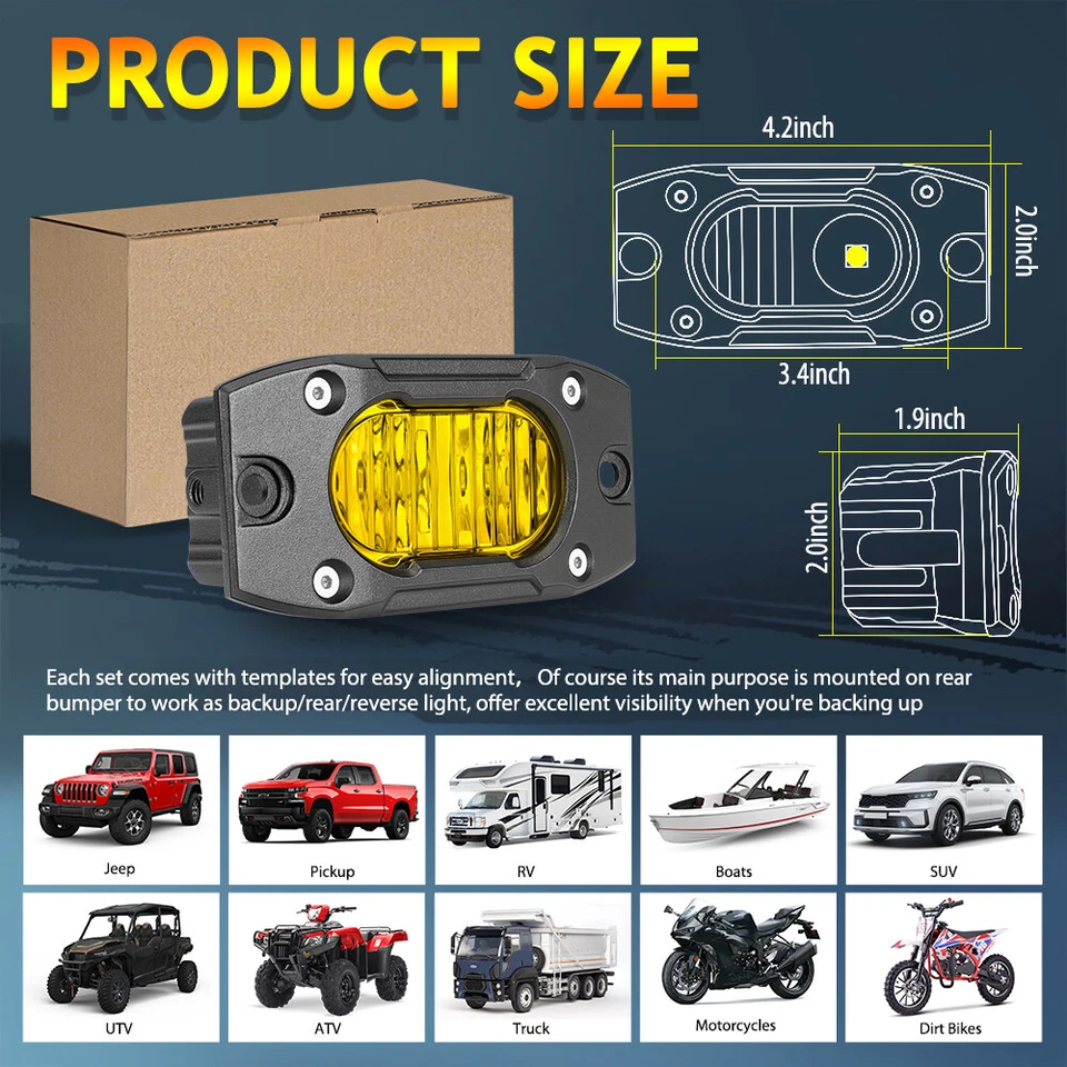 For 2017-2025 Honda Ridgeline Flood Diffused Amber Rectangle LED Lights Pair 40W - Изображение 4 из 4