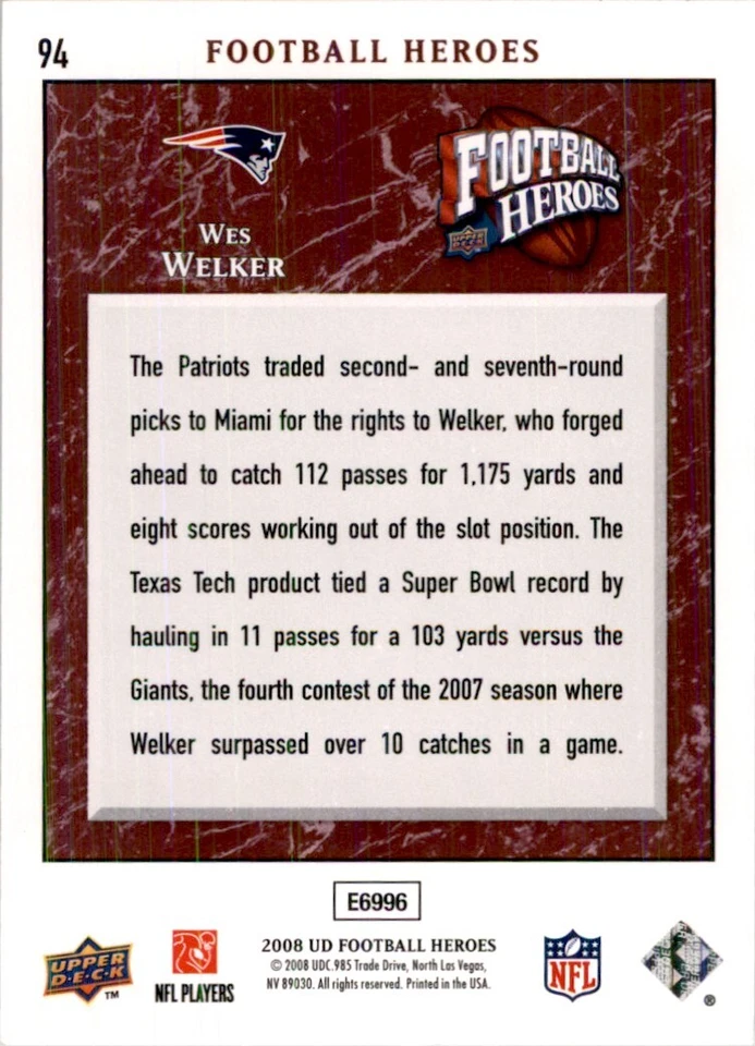 2008 Upper Deck Heroes Wes Welker Football Cards #94 - Image 2 of 2