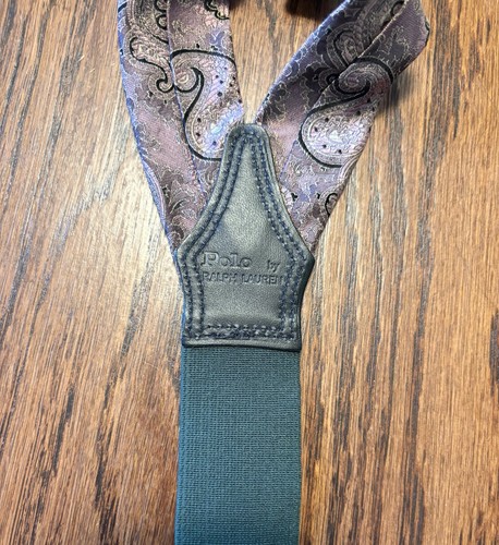 VTG Polo Ralph Lauren Suspenders Pink Paisley Silk Leather Y-Back Button-End USA - Picture 3 of 9